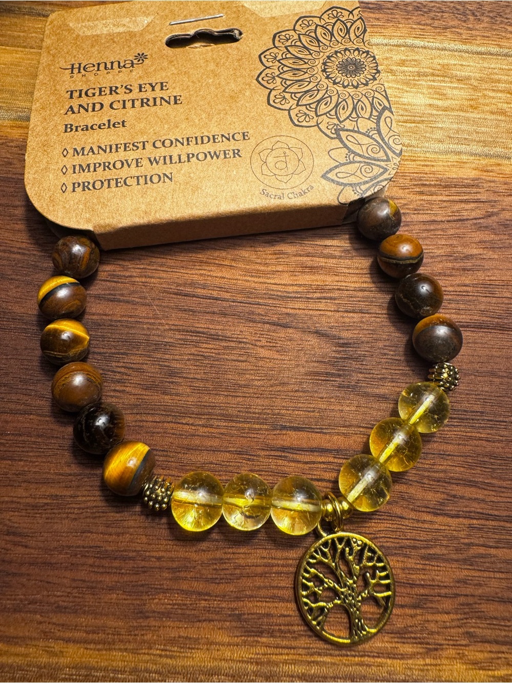 Henna Shoppe Tigers eye and Citrine beaded bracelet with Tree of life pendant